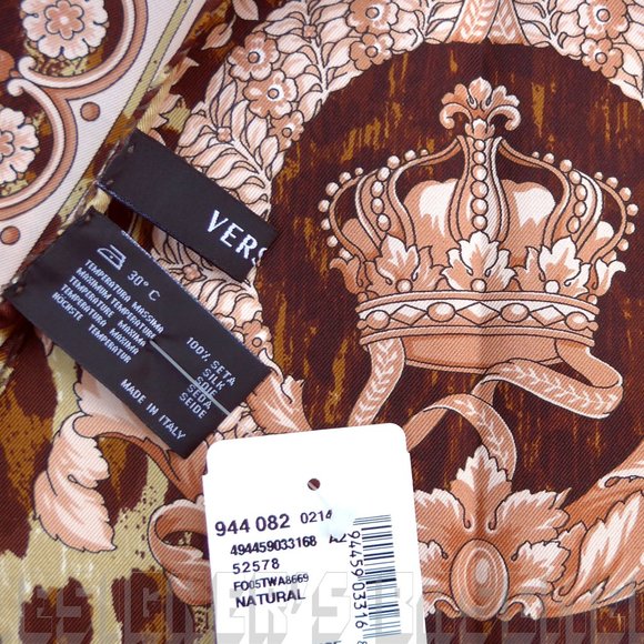 VERSACE beige Wild Barocco CROWNS brown LEO Spots 35" Silk scarf NWT +🎁envelope - Picture 3 of 6